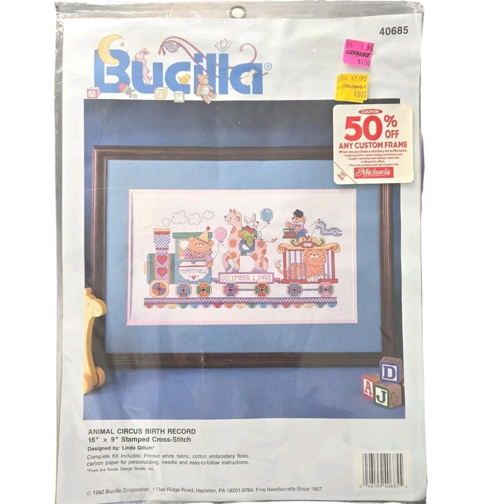 Bucilla Animal Circus Birth Record Stamped Cross Stitch Kit 40685 16" x 9" 1992